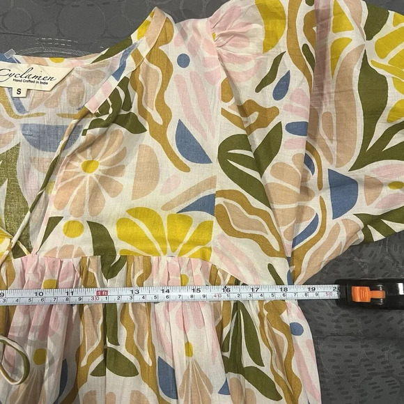 Cyclamen Bloom Kaftan Pleated Tunic Cotton Dress Flower Print Size Small V Neck - Picture 8 of 9